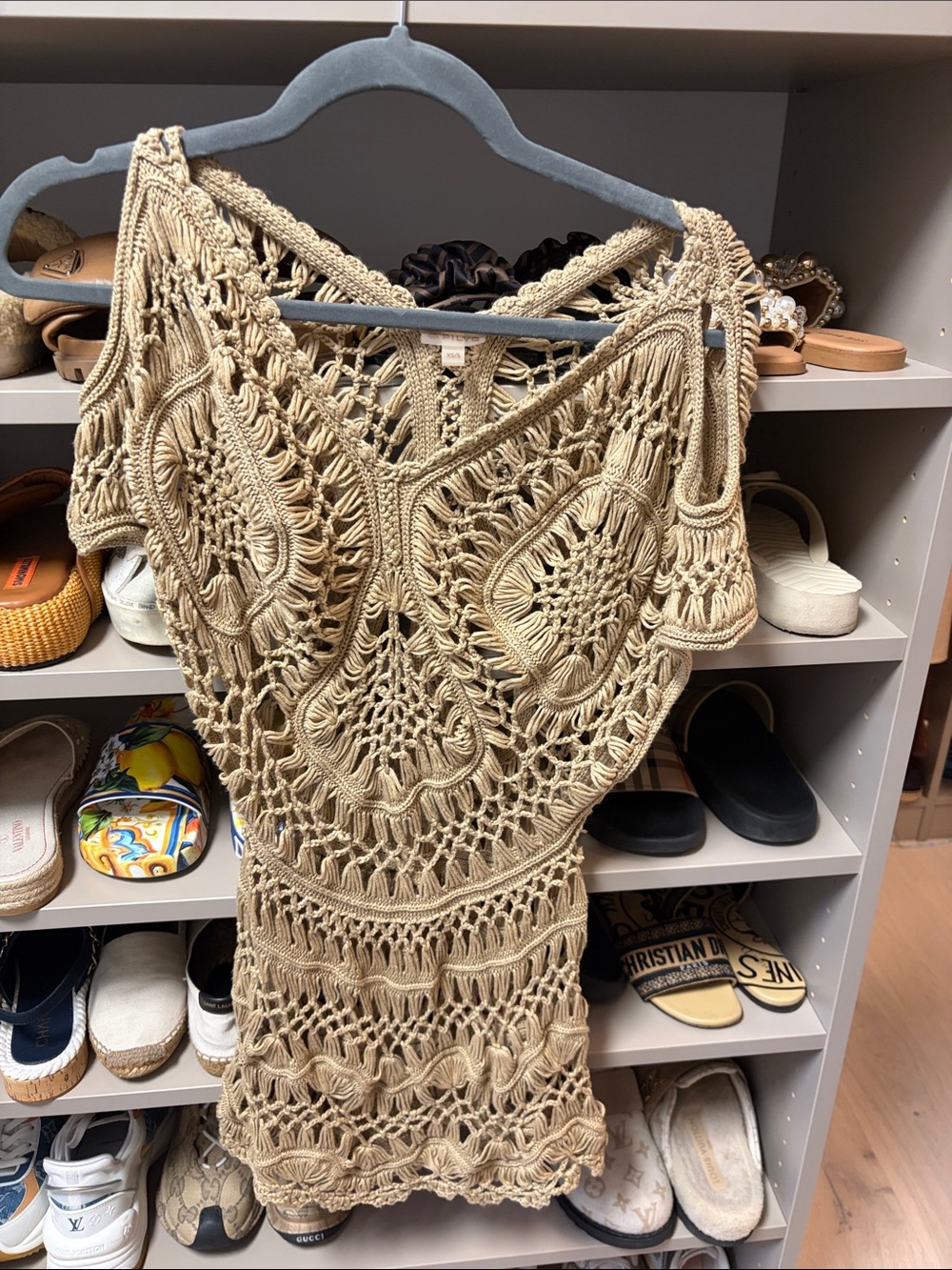 Boho Crochet Knit Sweater Dress in Beige